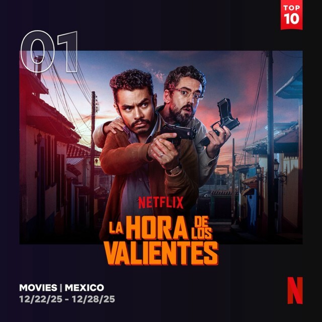 Póster oficial de la película de Netflix 'La hora de los valientes'. La imagen destaca a los actores protagonistas Luis Gerardo Méndez y Memo Villegas, quienes empuñan armas con rostros tensos y de sorpresa. La cinta es dirigida por Ariel Winograd y producida por K&S Films